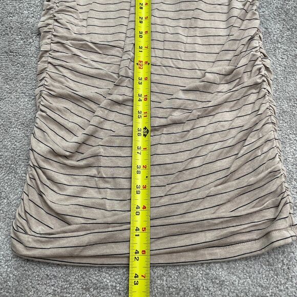 Prana Ruched Bodycon Midi Dress Womens Medium Beige Stripe V-Neck Stretch Casual - Picture 7 of 13